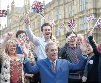  ?? PICTURE: REUTERS ?? A triumphant Nigel Farage, the leader of the United Kingdom Independen­ce Party (Ukip), outside Britain’s Houses of Parliament, after the referendum result was announced yesterday.