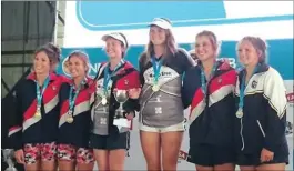  ??  ?? On the U18 Girls K2 podium at the prizegivin­g of last weekend’s FNB Dusi Canoe Marathon. (From left): Gina Forno (Epworth), Jamie-Lee Robertson (Epworth), Cana Peek (Epworth), Kyeta Purchase (Our Lady of Fatima), Brittany Eayrs (Epworth) and Gemma...