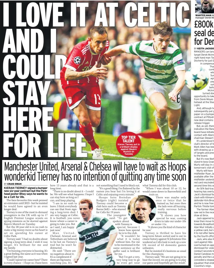  ??  ?? TOP TIER TALENT Kieran Tierney put in a brilliant display against Bayern Munich on Tuesday WANTED MAN Aberdeen manager Derek Mcinnes