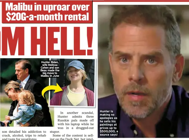  ??  ?? Hunter Biden, wife Melissa Cohen and son Beau made the big move to Malibu in June
Hunter is making no apologies as he sells his paintings at prices up to $500,000, a source says!