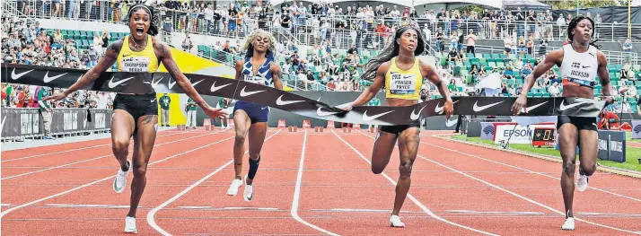  ??  ?? Sprint queen: Jamaica’s Elaine Thompson-herah (left), fresh from completing a second successive Olympic 100/200m double, stops the clock at 10.54sec over 100m at the Eugene Diamond League in Oregon on Saturday