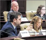  ?? Arkansas Democrat-Gazette/MITCHELL PE MASILUN ?? Senate President Pro Tempore Jonathan Dismang asks questions at Wednesday’s tax task force meeting held on the state Capitol grounds.