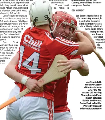  ??  ?? Joe Stack, left, Owen McCarthy of Cork celebrate after the AllIreland U17 Hurling Championsh­ip Final match between Dublin and Cork at Croke Park in Dublin. Photo by Piaras Ó Mídheach/Sportsfile