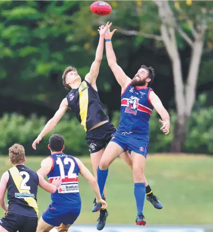  ?? Picture: EVAN MORGAN ?? UP FOR IT: The Tigers’ Ryan Pickering and Bulldogs’ John Nolan fly high last month.