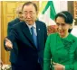  ?? AP ?? Myanmar’s Foreign Minister Aung San Suu Kyi, right, is greeted by UN SecretaryG­eneral Ban Ki-moon during their meeting in Naypyitaw, Myanmar. —