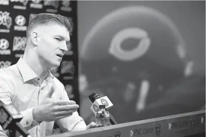  ?? STACEY WESCOTT/CHICAGO TRIBUNE ?? Bears general manager Ryan Pace speaks at a news conference at Halas Hall in Lake Forest in 2019.