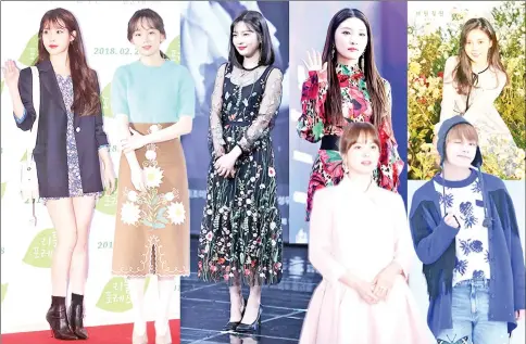  ??  ?? These idols are proving that flower prints are currently in fashion. (From left to right) IU’s pretty blue floral print dress signals that springtime is on its way. • Jin Ki Joo’s skirt gives off the feeling of flowers bursting in bloom. • Red Velvet‘s Joy was chic in a half-sheer, floral dress that compliment­ed well to her porcelain skin and dark hair. • Chungha’s looking mighty fierce in this floral and leopard print dress. • Oh My Girl’s Hyojung’s simple sheer overlay dress gives her an ethereal beauty. • BTS V is known for his love of Gucci and, he was spotted wearing this jeans from Gucci in the group’s ‘Spring Day’ music video. • Song Hye Kyo attended a promotiona­l press conference for a skincare product in Sinsa-dong, Gangnam recently, her first public appearance since tying the knot with Song Joong Ki last year.