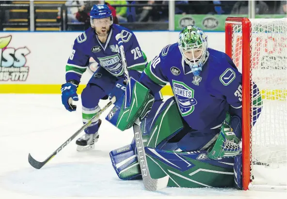  ?? — LINDSAY A. MOGLE/UTICA COMETS FILES ?? Thatcher Demko is the best prospect on the Utica Comets, the Canucks’ American Hockey League affiliate, by a long shot, says Ed Willes, and will likely see some time in Vancouver’s crease during the 2018-19 NHL season.