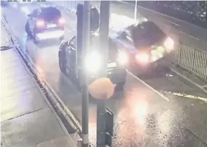  ??  ?? Freeze frame of CCTV of a stolen BMW running over the police officer in Accrington