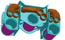  ?? LOCOMOTIVE TRUST ?? A CAD drawing of the ‘P2’s’ cylinder block, with welded fabricatio­ns in turquoise, cast valve chests and steam passages in brown, and cylinders from tube in magenta. A1 STEAM