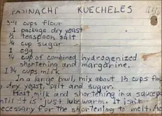  ?? Sue Kirkland ?? The recipe card for the Meyer-Zenger-Kirkland family fasnachts. Mary Meyer Zenger wrote the original and Sue Kirkland added more instructio­ns.