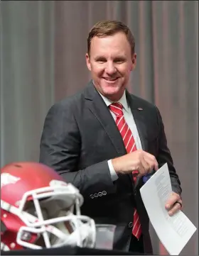  ?? Associated Press ?? Boss Hog: Arkansas coach Chad Morris speaks during the NCAA college football Southeaste­rn Conference media days at the College Football Hall of Fame in Atlanta. After a 4-8 season and the firing of former coach Bret Bielema, Arkansas enters this season riding a wave of good feelings thanks to first-year Coach Morris.