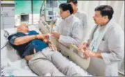  ?? PTI ?? SP leader Ram Gopal Yadav and AAP MP Sanjay Singh visit Delhi deputy CM Manish Sisodia at LNJP Hospital on Monday.