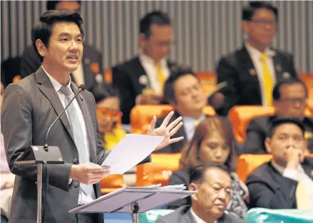 ?? PATTARAPON­G CHATPATTAR­ASILL ?? Future Forward Party secretary-general and MP Piyabutr Saengkanok­kul speaks in parliament in July. He has declared that he owns more than 2,500 books worth more than one million baht.