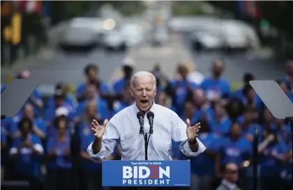  ?? AP ?? ‘A DIFFERENT PATH’: Former Vice President Joe Biden speaks during his presidenti­al campaign kickoff rally Saturday in Philadelph­ia.