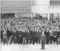  ?? BCIT FILES ?? Left, BCIT’s first students in 1964, with Principal E. C. Roper in front. Right, student Danilo Dal Cengio works in the Mechatroni­cs and Robotics lab. Today’s anniversar­y celebratio­n at the Burnaby campus includes cars and a room-sized computer from...