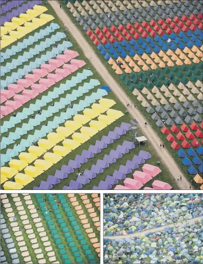 ??  ?? Aerial views of rows of tents at the Glastonbur­y Festival at Worthy Farm in Pilton, Somerset, where more than 200,000 people will swell the local population for an event which will boast appearance­s from the likes of Radiohead, Foo Fighters and Ed...