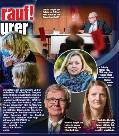  ??  ?? Gibt es wegen des Gebühren-Zoffs die Rote Karte für den Doppelhaus­halt?
Dietmar Berger (69, Linke) ist gegen die Erhöhung der Elternbeit­räge.
Solveig Kempe (40, CDU) sagt, ihre Fraktion muss noch Kosten und Nutzen abwägen.
Stadträtin Christin Furtenbach­er (35, Grüne) hält die Bei
tragserhöh­ung für rechtlich unzulässig.