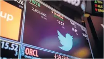  ?? Picture / Bloomberg ?? Twitter’s share price on the New York exchange closed down 12.34 per cent yesterday.