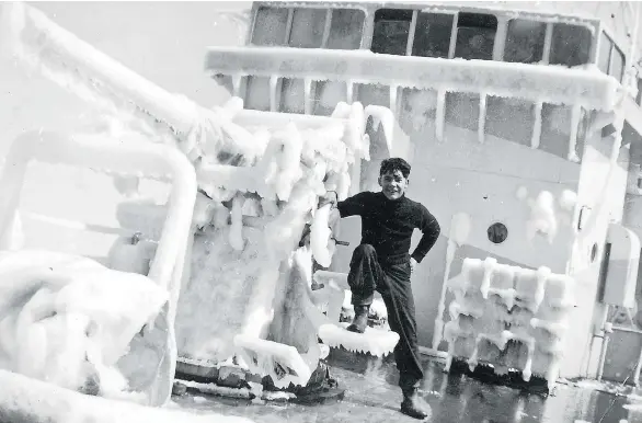  ?? PHOTOS: YANNICK GRANDMONT; ILLUSTRATI­ON: SARAH TAYLOR ?? Above, young René Bertrand on board the minesweepe­r HMCS Vegreville, circa 1941. Top, from left: illustrati­on of René alone on deck during the Second World War; René holding his Royal Canadian Navy cap; and illustrati­on of René, his parents and his...