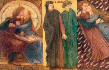  ??  ?? Dante Gabriel Rossetti. « Paolo et Francesca da Rimini ». 1862. Aquarelle. 32 x 60 cm. Au centre, Dante et Virgile