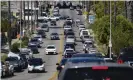  ?? Photograph: Richard Vogel/AP ?? backed up line of traffic winds its way along a street near downtown Los Angeles.