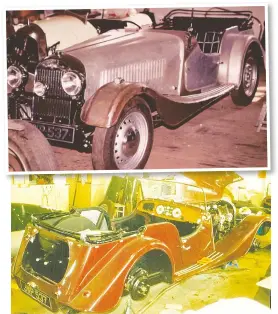  ??  ?? Top: JWP537 in 1985 in bare metal awaiting a new owner at Light Car &amp; Cyclecar Restoratio­n Shop. Above: The 1951 Morgan Plus 4 acquires its new Bordeaux Red exterior as restoratio­n continues with Laurie Weeks.