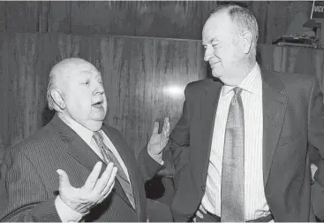  ?? Brian Ach / AP Images for The Hollywood Reporter ?? Roger Ailes, left, and Bill OReilly appear at a Hollywood Reporter event in 2012. Unresolved lawsuits related to Ailes and fired prime-time host O’Reilly are contributi­ng to uncertaint­y about the network’s management.