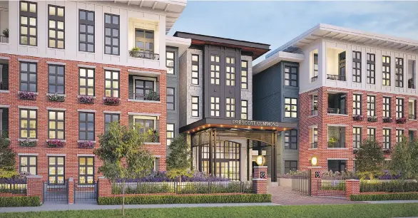  ??  ?? Prescott Commons at Harvard Gardens will comprise two U-shaped, four-storey buldings, sharing a landscaped courtyard. Each will feature wrought iron-inspired entry canopies.