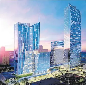  ?? AEG ?? AN ARTIST’S RENDERING shows a new high-rise connected to the existing hotel building by a bridge over Olympic Boulevard. Business leaders have argued that more hotels are needed to attract convention­s.