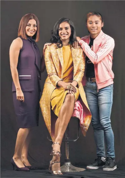  ?? RAJ K RAJ/HT PHOTO ?? ■ Youth icons PV Sindhu (centre), Heena Sidhu (left), and Hima Das during the Hindustan Times Leadership Summit in New Delhi on Saturday.