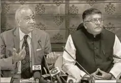  ?? PTI ?? Justice B N Srikrishna addresses the media after submitting a report on ‘Data Protection Framework’ to Union law minister, Ravi Shankar Prasad, in New Delhi, July 27,2018