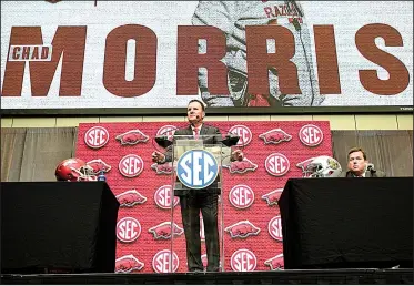  ?? AP/JOHN AMIS ?? Arkansas Coach Chad Morris speaks during a news conference at SEC football media days in Atlanta on Tuesday. He said although national expectatio­ns for the upcoming season are low, the program is in a great position.