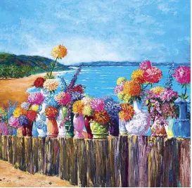  ??  ?? “Summer Festival” depicts rows of flower-filled vases throbbing with brilliant colors and lined up atop pedestal tree trunks.