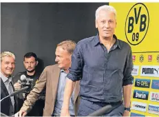  ?? FOTO: DPA ?? Aufmarsch (v.r.): Lucien Favre, Hans-Joachim Watzke, Michael Zorc.