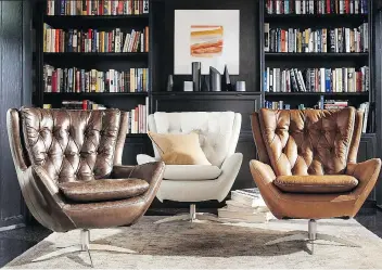  ??  ?? With a nod to mid-century modern style, the Wells swivel chair from Pottery Barn incorporat­es classic detailing.