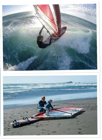  ??  ?? En haut : Vague de repli en général plus dédiée au saut, Pupaya se laisse aussi surfer. Klaas Voget en autoportra­it. © Klaas Voget
Ci-dessus : la famille Voget prête à en découdre sur Pupuya. Le spot et le matos semblent convenir aux plus jeunes....