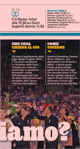  ??  ?? CHE COSA CHIEDE IL CIO
Già dopo l’approvazio­ne delle legga delega (8 agosto 2019), il Cio aveva sottolinea­to la violazione della Carta Olimpica per mancata autonomia. La questione principale è quella dell’autonomia del Coni sul piano della gestione del personale, delle risorse e dei beni immobiliar­i.
●CALCIO:
COME USCIRNE
Sembra tramontata l’ipotesi di un «distacco» dei dipendenti Coni da Sport e Salute. A questo punto l’unica strada sarebbe quella di un decreto legge che potrebbe dotare il Coni di una «pianta organica» oppure di una Coni Spa con personale e risorse, già studiata dai tecnici del Mef
●BIATHLON
●SCI