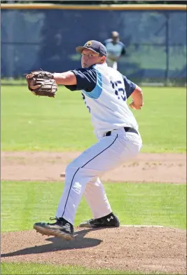  ??  ?? Mendocino College Eagles pitcher Logan Barrick (15) throws a pitch in an Eagles’ baseball game played during the 2019 season.