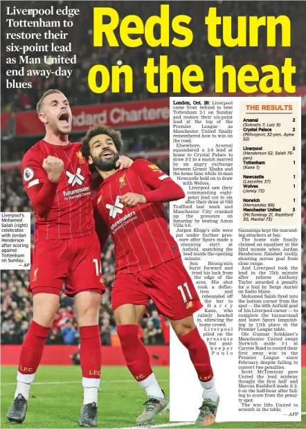  ?? — AP — AFP ?? Liverpool’s Mohamed Salah (right) celebrates with Jordan Henderson after scoring against Tottenham on Sunday.