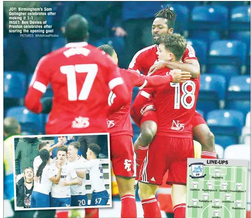  ?? PICTURES: WhiteRoseP­hotos ?? JOY: Birmingham’s Sam Gallagher celebrates after making it 1-1 INSET: Ben Davies of Preston celebrates after scoring the opening goal