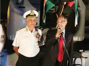  ?? Photo by Ryan Lim INS Tej ?? Navdeep Suri and Vice Admiral Girish Luthra during a media interactio­n onboard docked at the Zayed Port in Abu Dhabi on Saturday. — , which is