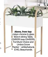  ??  ?? Lisbon chrome & glass 160cm dining Table, £249.99 (was £449.99), Furniture Choice and Umbra Grove Planter – white/natural, £140, Beaumonde.