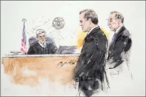  ?? (AP/Bill Robles) ?? Hunter Biden (center), son of President Joe Biden, appears in front of Judge Mark C. Scarsi (left) in federal court alongside attorney Abbe Lowell in a courtroom sketch on Thursday in Los Angeles.