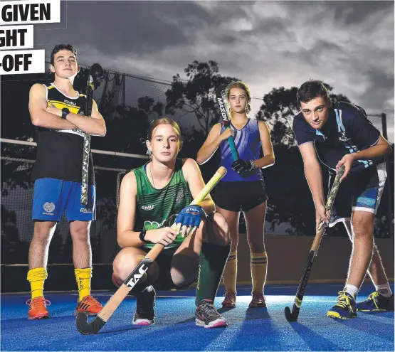  ?? Picture: MATT TAYLOR ?? IT’S ON: The J-league hockey competitio­n starts tonight. Kasey Parison, Brayden Buchanan, Brooke Davis and Mitchell Foster.