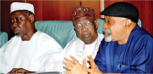  ?? Photo: NAN ?? Minister of Labour and Employment, Sen Chris Ngige (right) briefs State House correspond­ents on the new minimum wage after the Federal Executive Council meeting in Abuja yesterday. With him is the Minister of Informatio­n and Culture, Alhaji Lai Mohammed (middle) and Minister of State II for Power, Works and Housing, Suleiman Hassan Zarma
