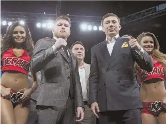  ?? AP PHoTo ?? COMING ATTRACTION: Saul ‘Canelo’ Alvarez (left) and Gennady Golovkin mug for the cameras Saturday night in Las Vegas. They’ll fight on Sept. 16.