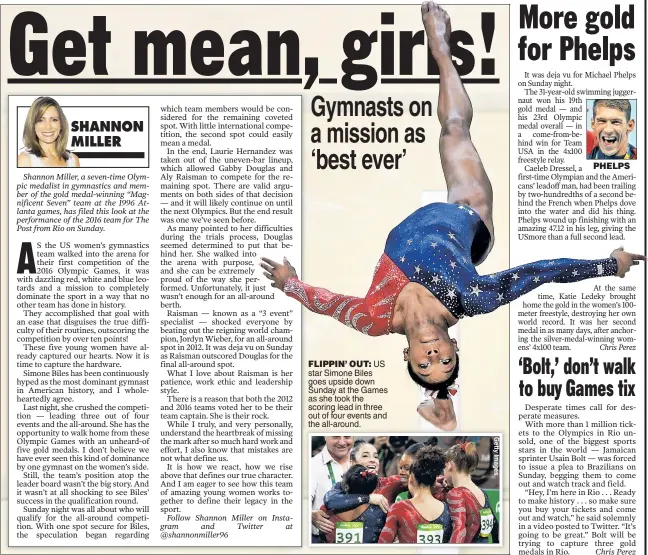  ??  ?? FLIPPIN’ OUT: US star Simone Biles goes upside down Sunday at the Games as she took the scoring lead in three out of four events and the all-around.
