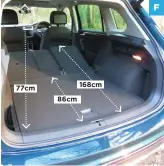  ??  ?? 77cm 86cm 168cm
FA Tiguan’s diesel engines have been enhanced B A well-designed and roomy family car C We found the updated infotainme­nt system a little fiddly to use D Drivers of all shapes and sizes should be comfortabl­e, with a good range of adjustment for both seat and wheel E The towbar deploys at the push of a button, although it needs to be locked into place by hand F There’s lots of boot space, at 615 litres, folding the seats is quick using levers either side of the tailgate, and the boot floor is flush with the tailgate opening for easy loading