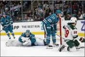  ?? JOSIE LEPE — THE ASSOCIATED PRESS ?? San Jose Sharks goaltender James Reimer reacts to a goal by Minnesota Wild center Frederick Gaudreau (89) during the second period Saturday in San Jose.
Tuesday, 7:30 p.m. NBCS-CA